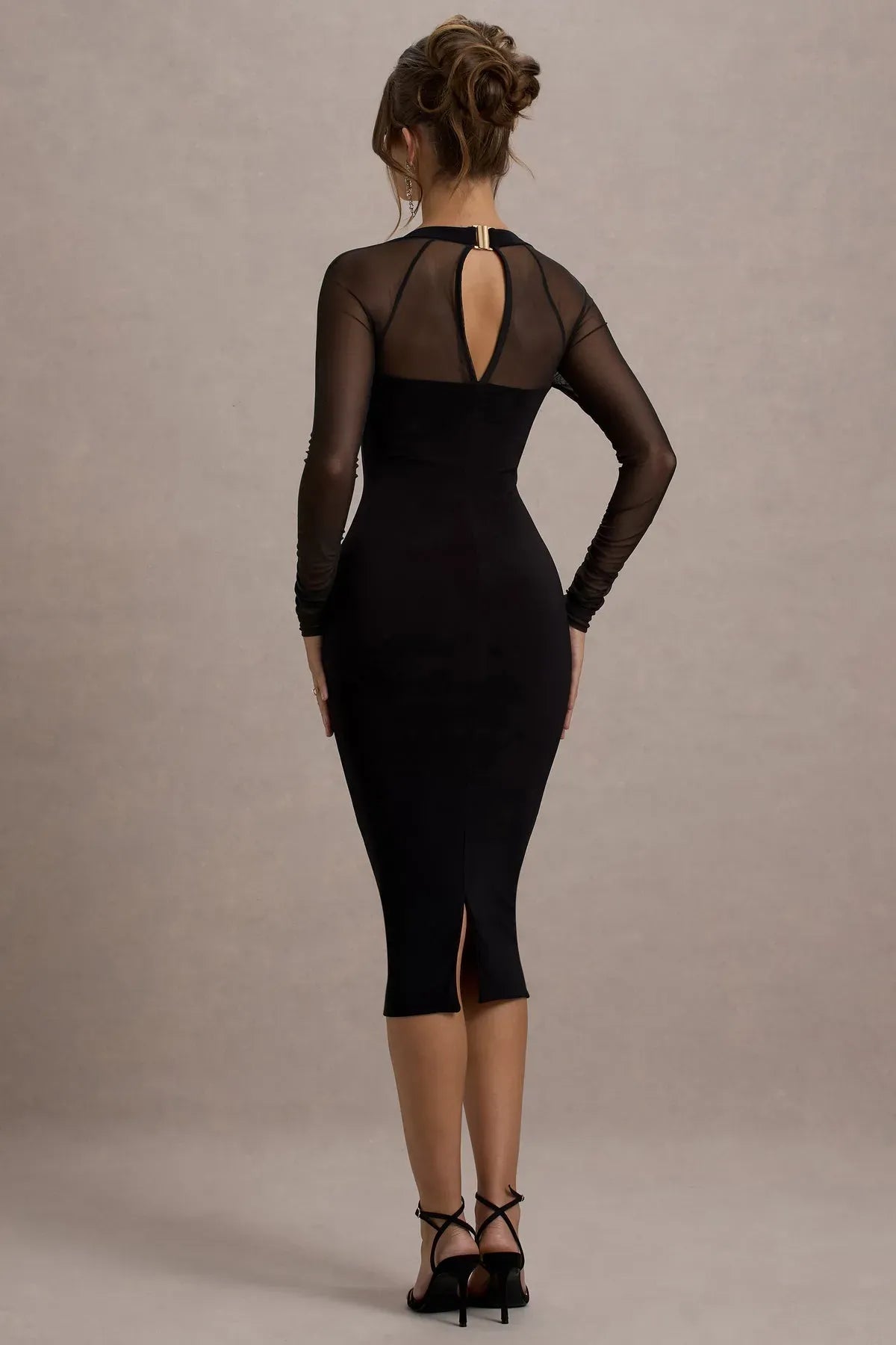Black-Iconic-Bodycon-Midi-Dress-With-Sheer-Sleeves