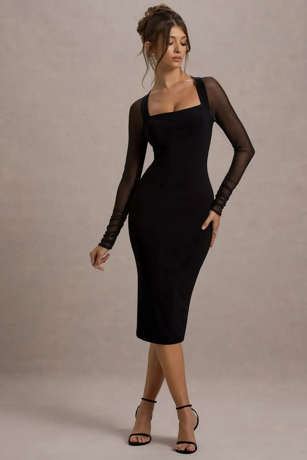Black-Iconic-Bodycon-Midi-Dress-With-Sheer-Sleeves