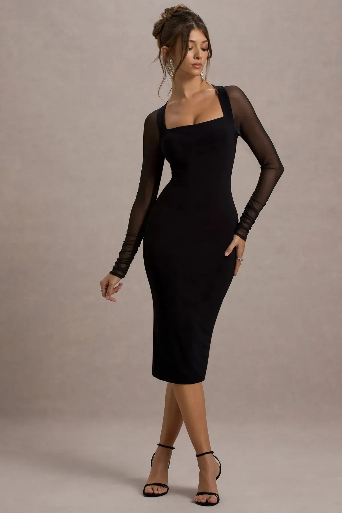 Black-Iconic-Bodycon-Midi-Dress-With-Sheer-Sleeves