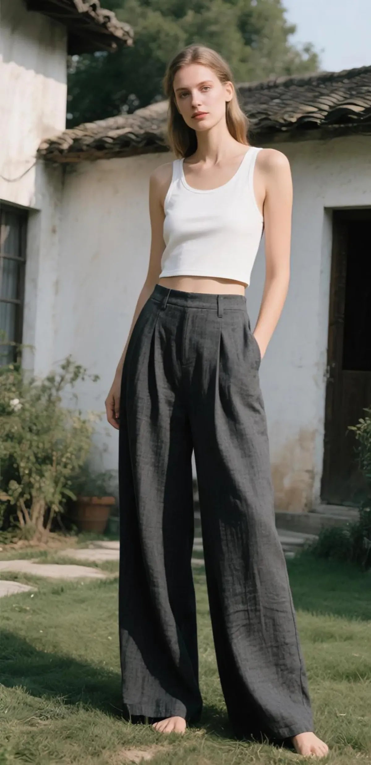 Grey-Linen-Cotton-High-Waisted-Wide-Leg-Trousers