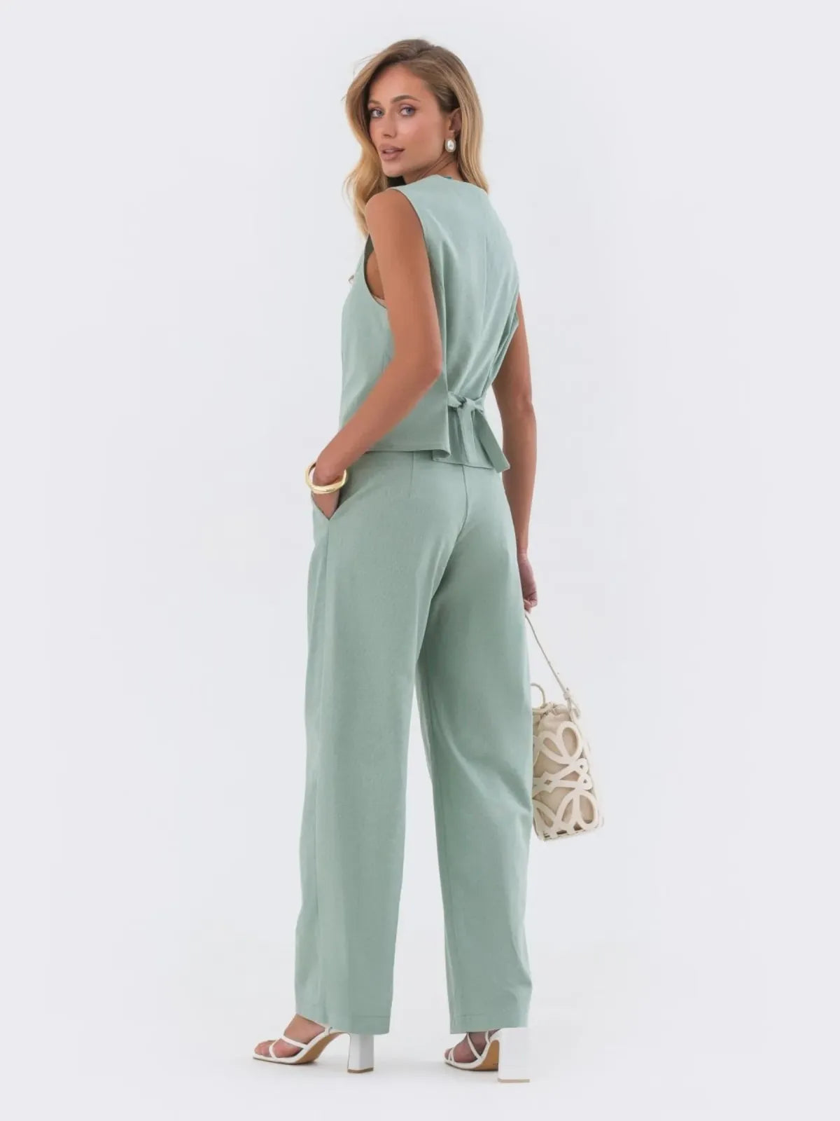 Green Linen Cotton Two-Piece Set With Sleeveless Vest And Wide Leg Pants