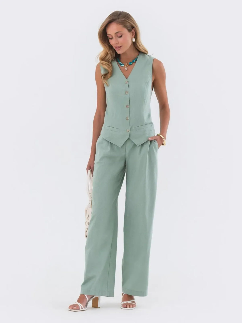 Green Linen Cotton Two-Piece Set With Sleeveless Vest And Wide Leg Pants