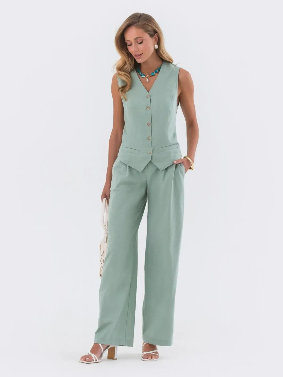 Green Linen Cotton Two-Piece Set With Sleeveless Vest And Wide Leg Pants