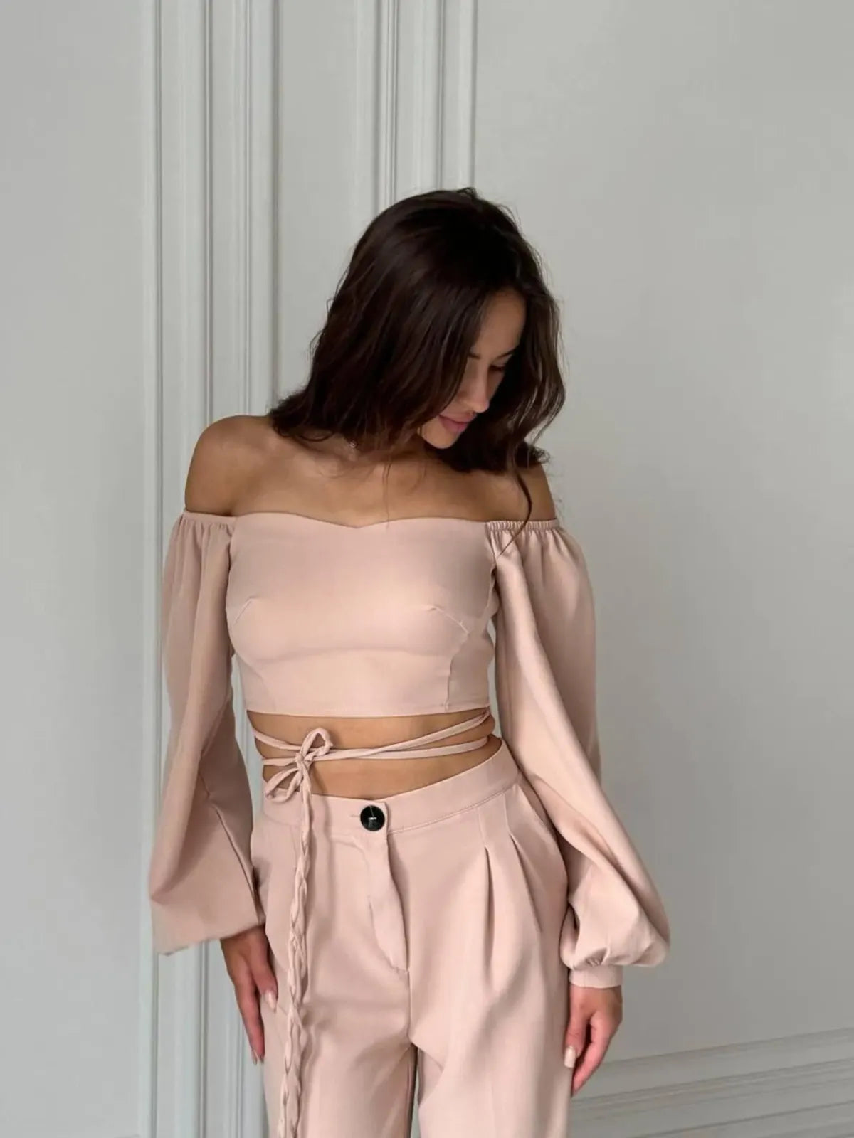 Beige Stylish Sleeveless Tie-Up Top And Wide Leg Pants