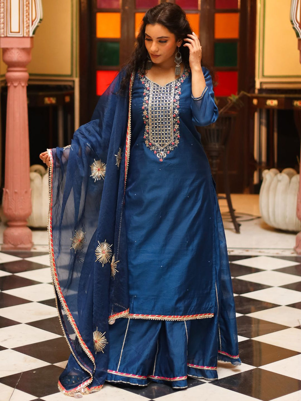 Elyora Blue Solid Chenderi Kurta Skirt Set with Dupatta
