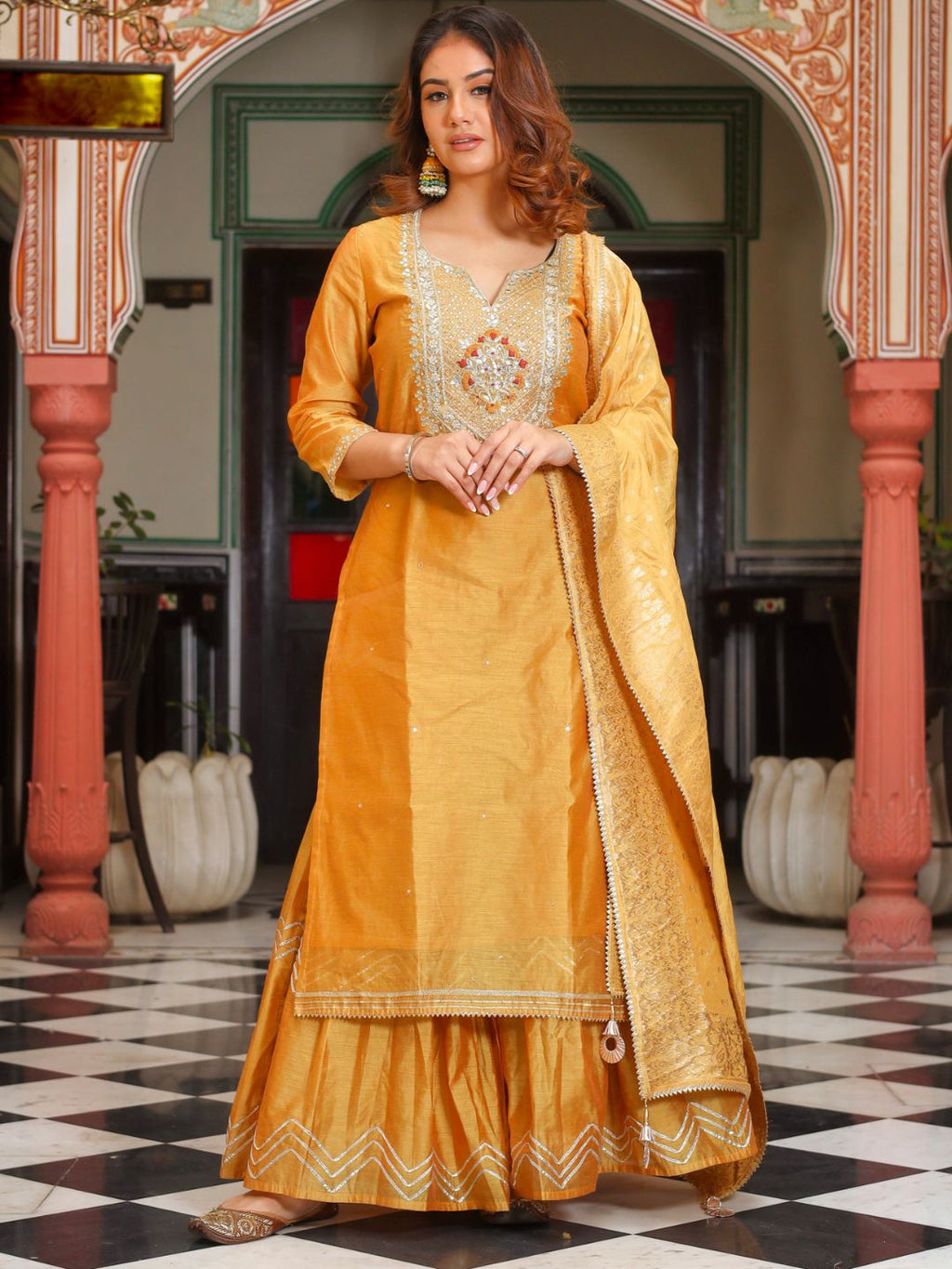 Elyora Yellow Gold Embroidered Chenderi Kurta Sharara Set with Dupatta