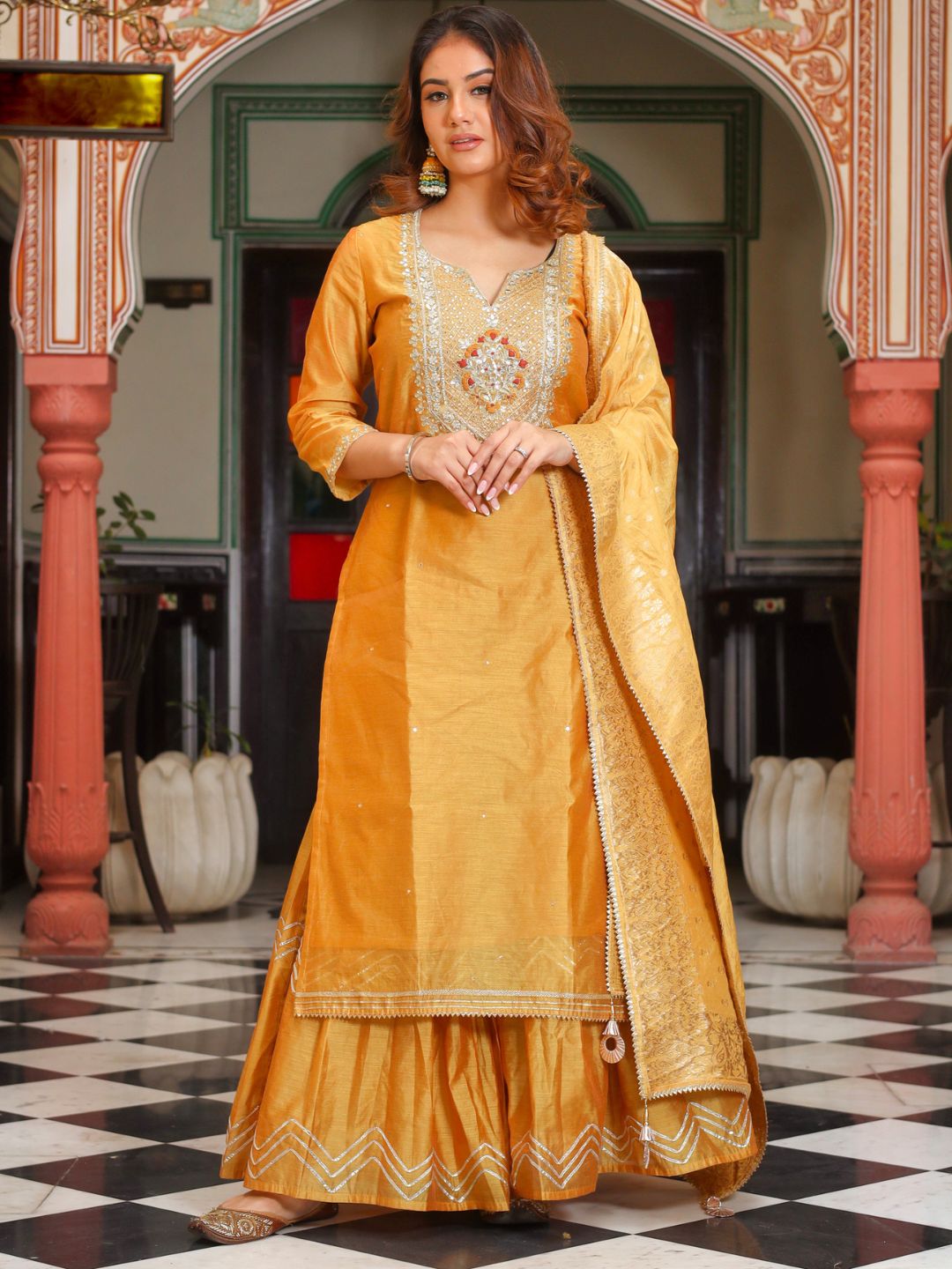 Elyora Yellow Gold Embroidered Chenderi Kurta Sharara Set with Dupatta