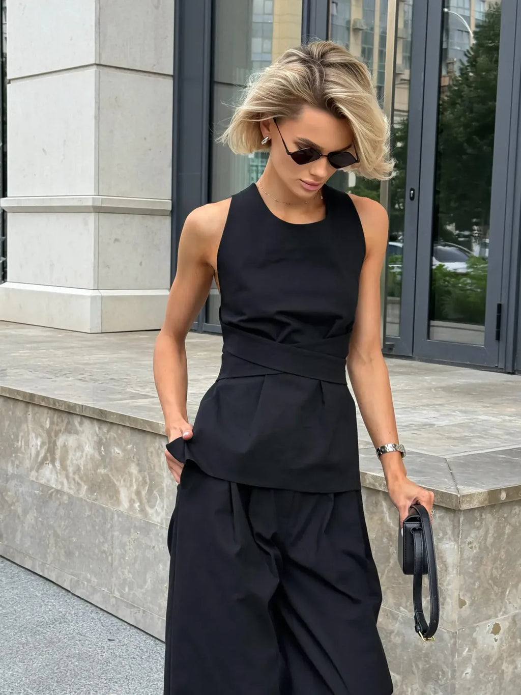 Black-Women-Sleeveless-Top-And-Wide-Leg-High-Waist-Pants