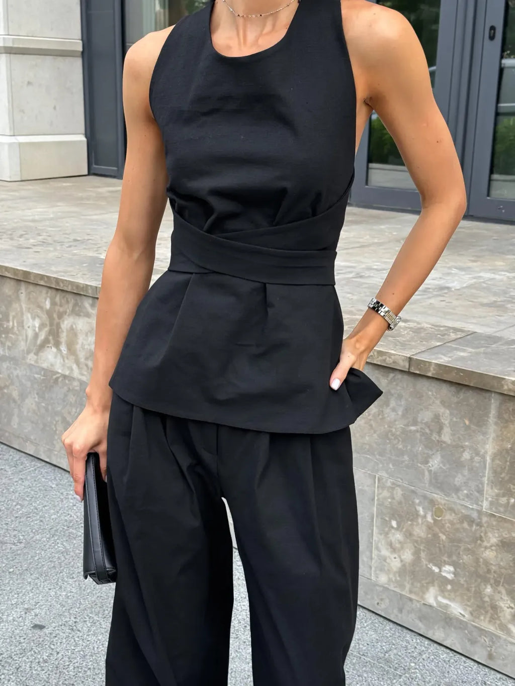 Black-Women-Sleeveless-Top-And-Wide-Leg-High-Waist-Pants