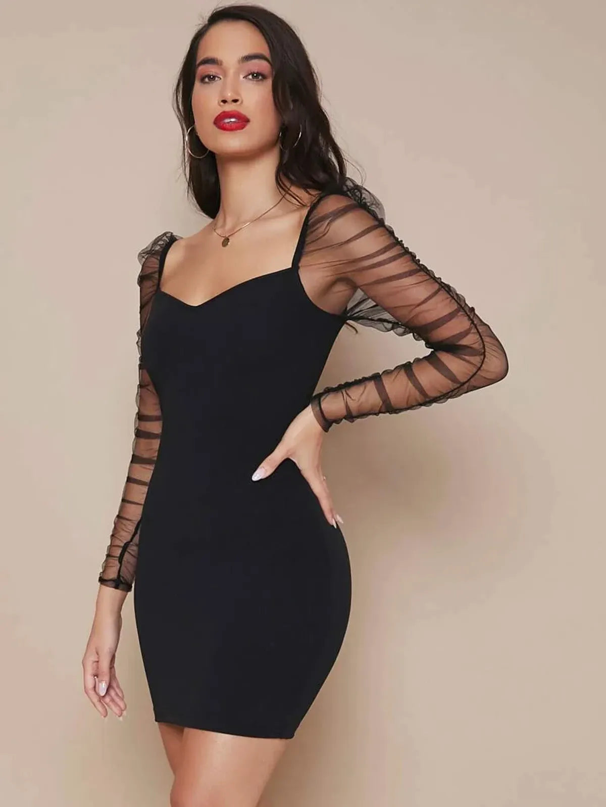 Ruched Sheer Mesh Gigot Sleeve Bodycon Dress - Black