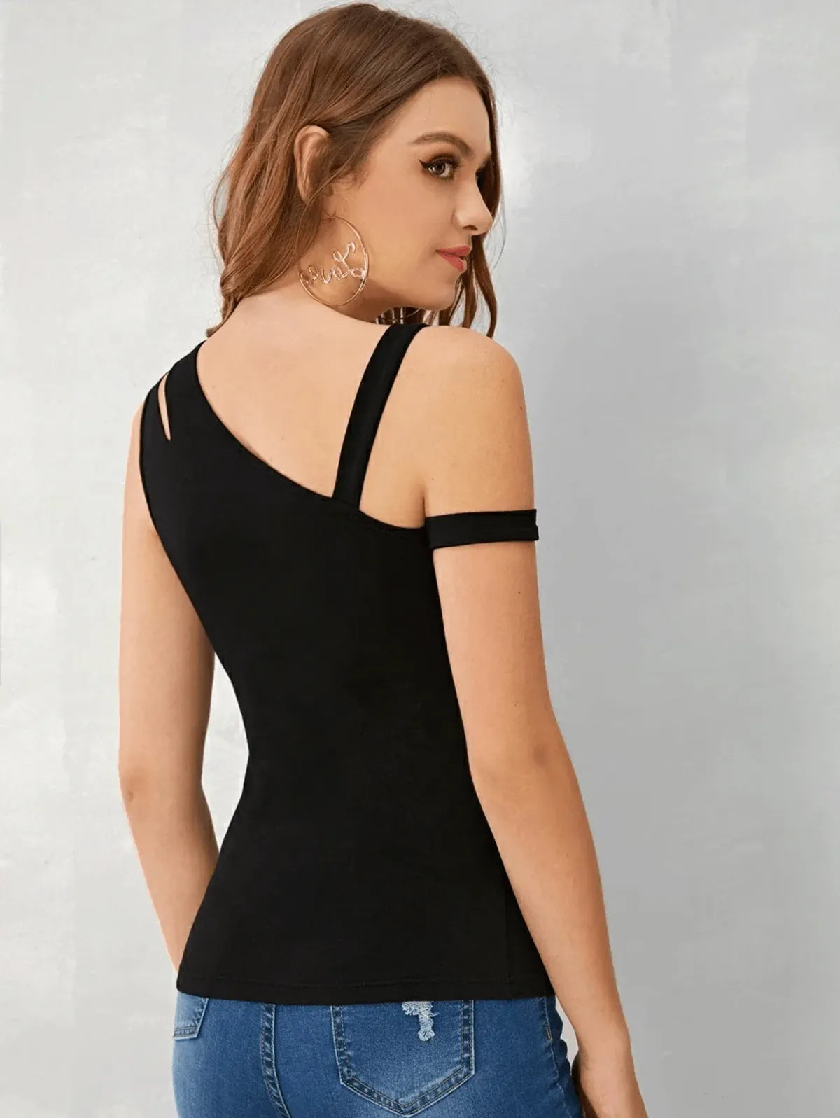 Black Color Asymmetrical Neck Cutout Detail Fitted Top