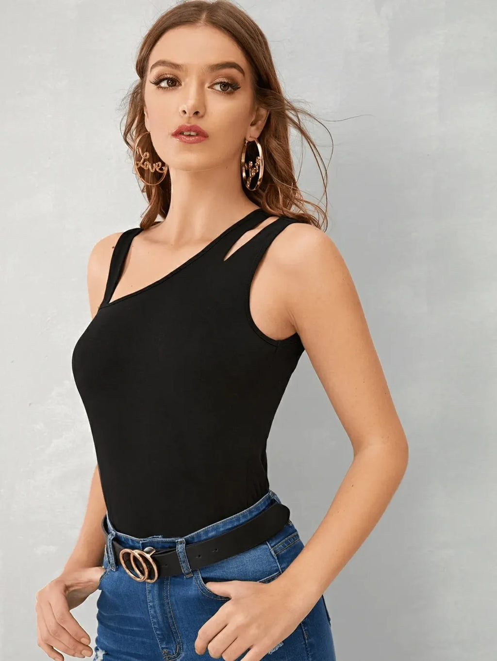 Black Color Asymmetrical Neck Cutout Detail Fitted Top