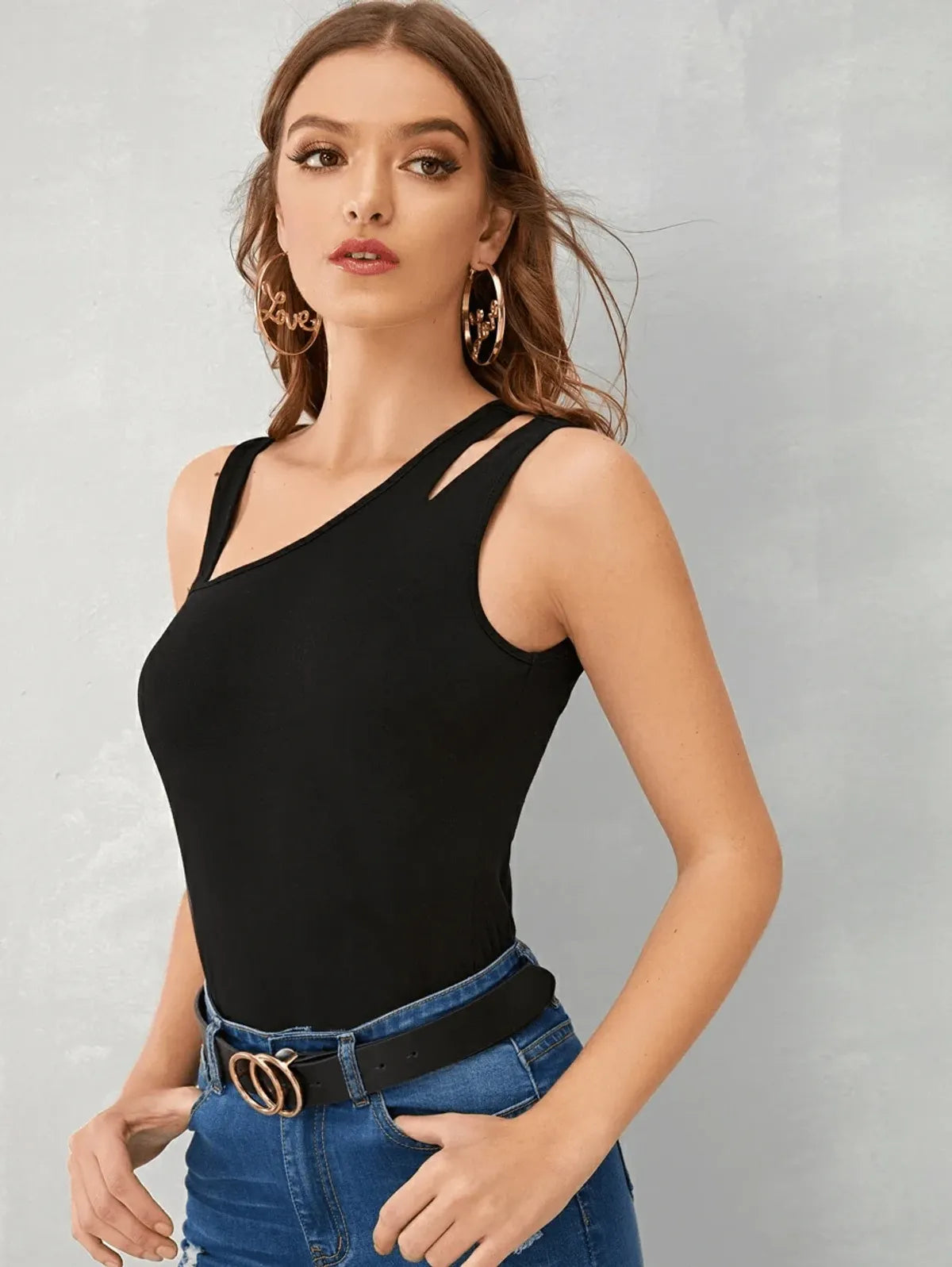 Black Color Asymmetrical Neck Cutout Detail Fitted Top