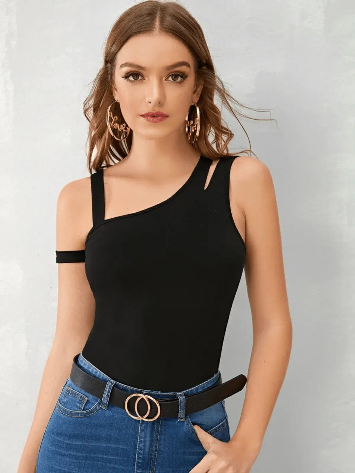 Black Color Asymmetrical Neck Cutout Detail Fitted Top