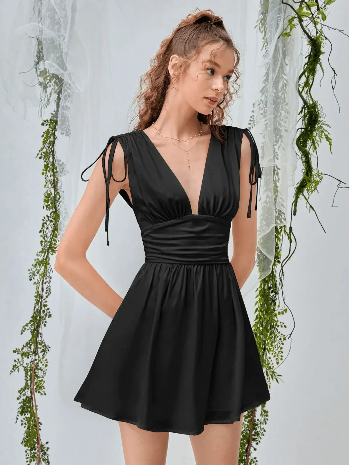 Festoon Solid Deep V Neck Knotted Shoulder Ruched Satin Dre