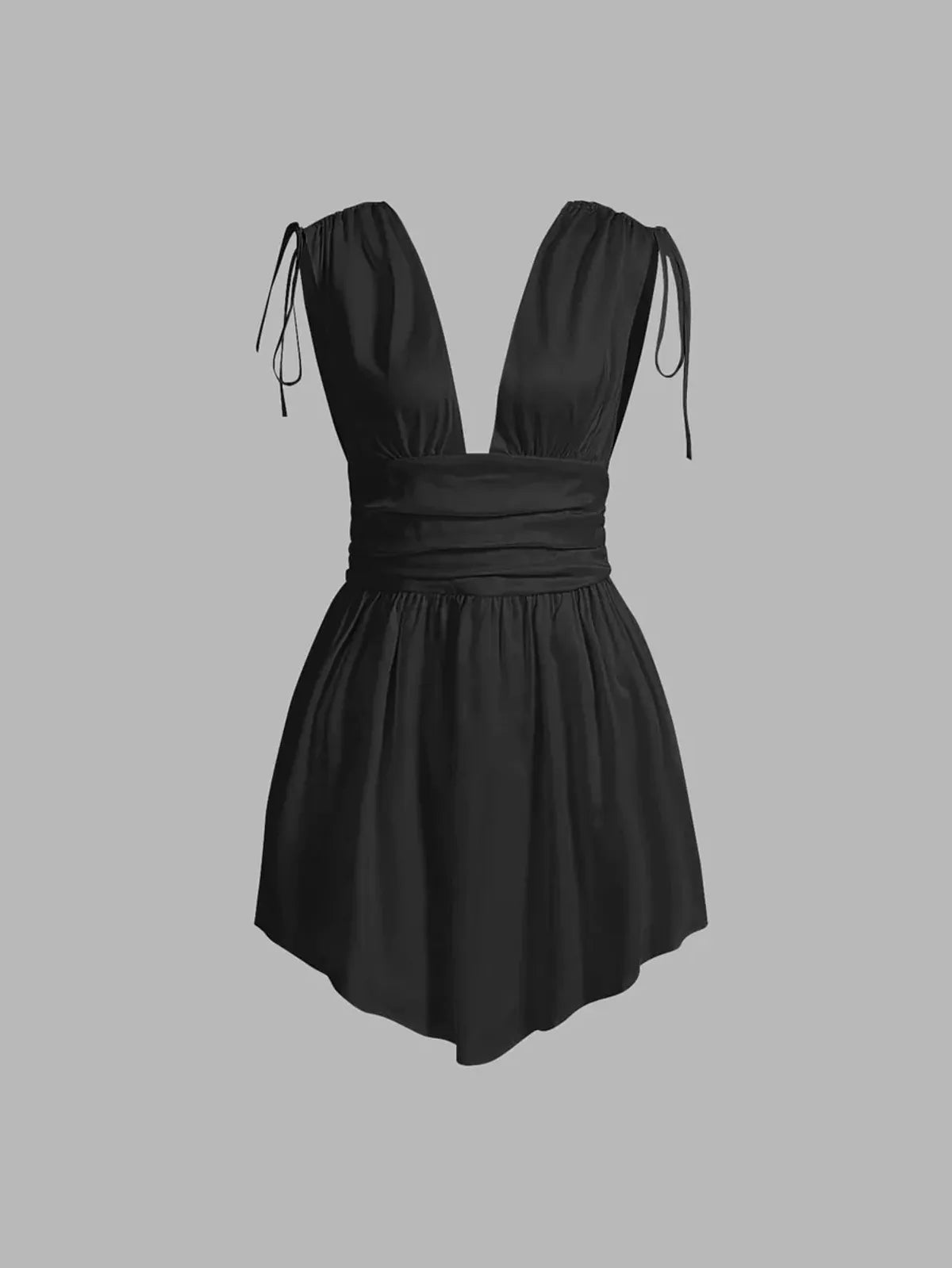 Festoon Solid Deep V Neck Knotted Shoulder Ruched Satin Dre