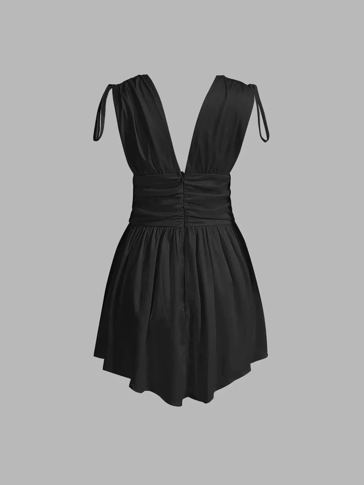 Festoon Solid Deep V Neck Knotted Shoulder Ruched Satin Dre