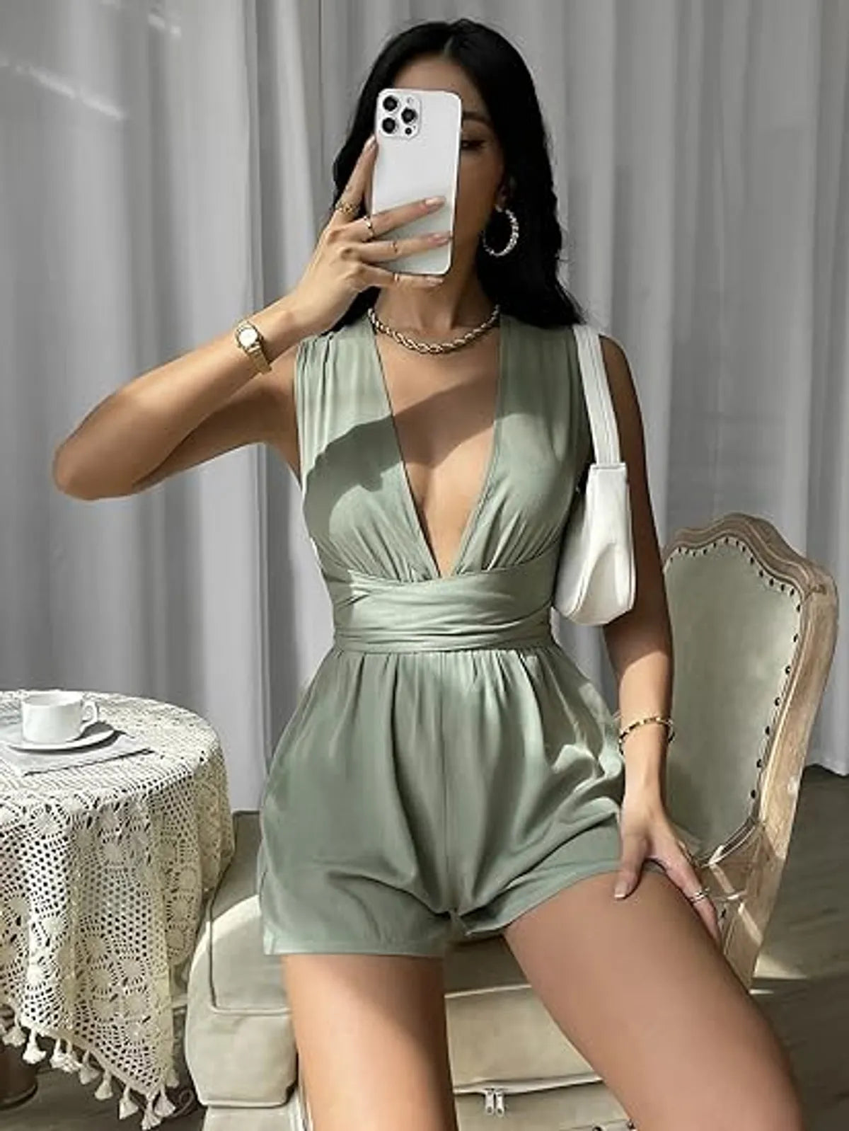 Crisscross Tie Backless Plunging Neck Romper Sleeveless Jumpsuits