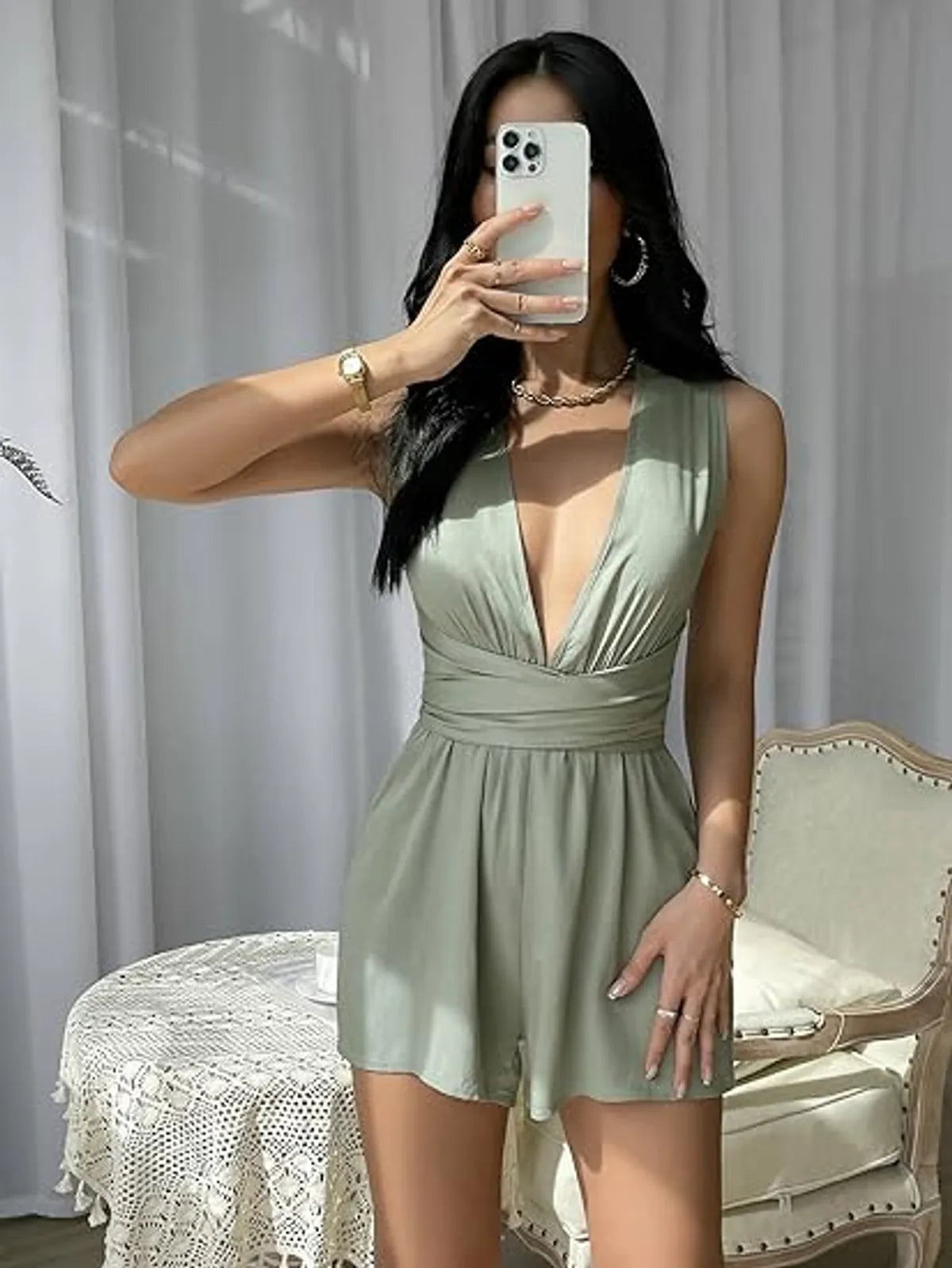 Crisscross Tie Backless Plunging Neck Romper Sleeveless Jumpsuits