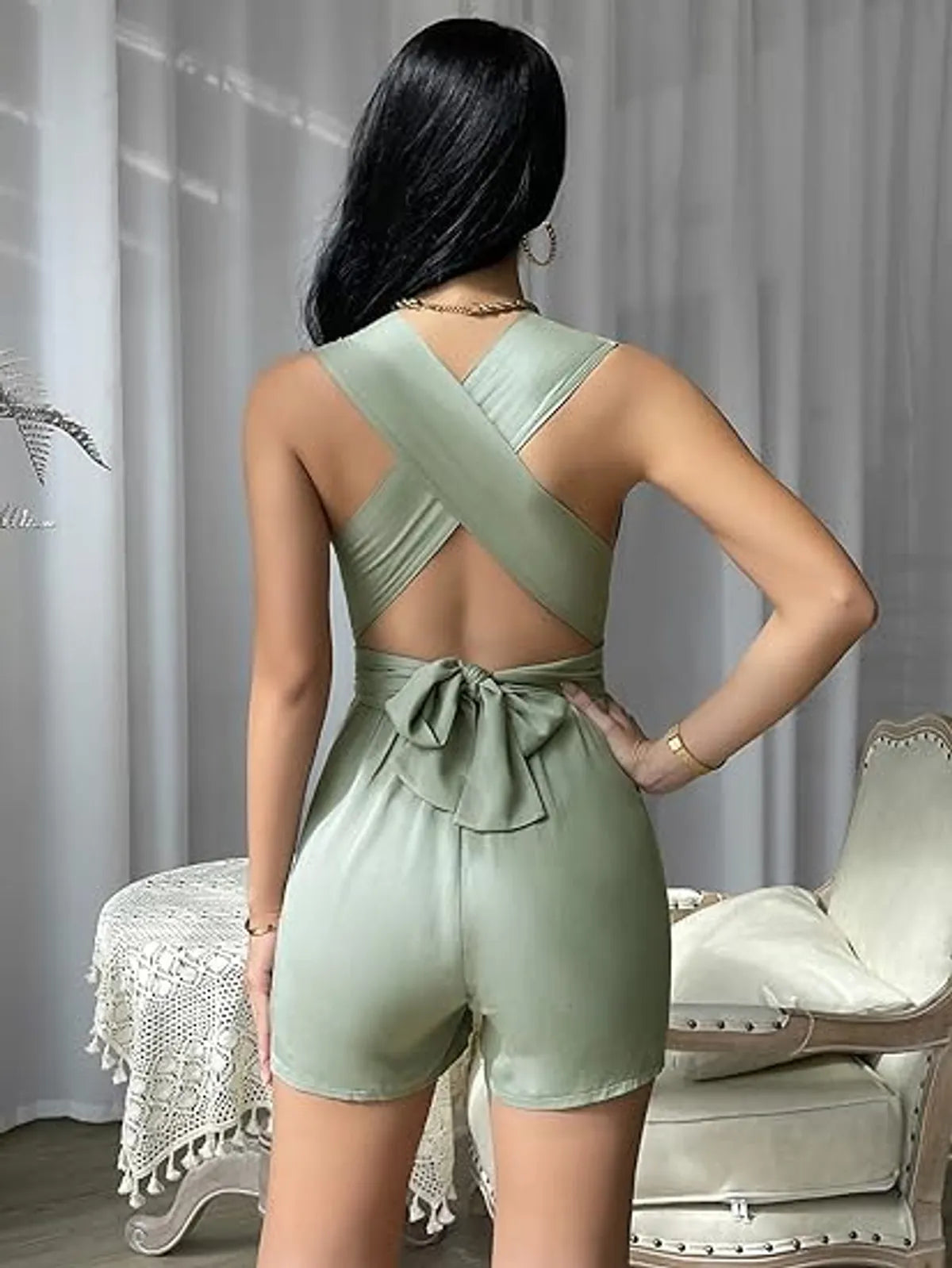 Crisscross Tie Backless Plunging Neck Romper Sleeveless Jumpsuits